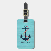Light Blue Wood & Blue Nautical Anchor Monogram Bagagelabel (Voorkant verticaal)
