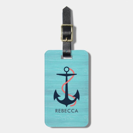 Light Blue Wood & Blue Nautical Anchor Monogram Bagagelabel (Voorkant verticaal)