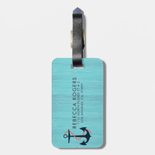 Light Blue Wood & Blue Nautical Anchor Monogram Bagagelabel (Achterkant verticaal)