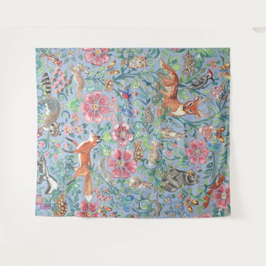 Light Blue Woodland Animal Deer Fox Rabbit Groot Wandkleed (Voorkant (horizontaal))