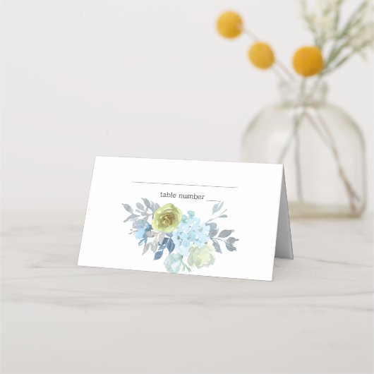 Light Blue Yellow Green Floral bruiloft Place Card Plaatskaartje (Voorkant)