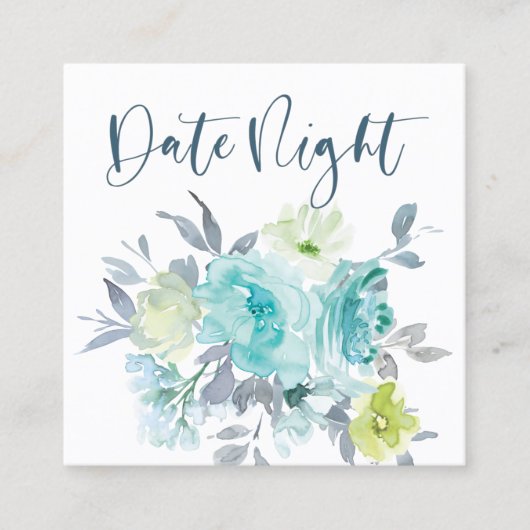 Light Blue Yellow Green Floral Date Night Kaart Vierkante Visitekaartje (Voorkant)