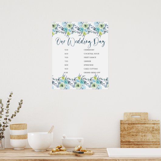 Light Blue Yellow Green Floral Wedding Schedule Poster (Keuken)