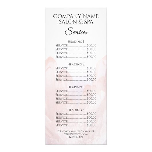 Light Blush Pink Crystals Spa Salon Service Menu (Voorkant)