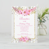 Light Blush Pink White Flowers Gold Birthday Party Kaart (Staand voorkant)