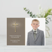 Light Brown, Gold Cross, Religieuze Fotokaart Bedankkaart (Staand voorkant)