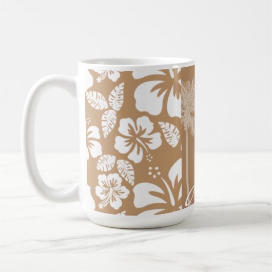 Light Brown Hawaiian Tropical Hibiscus Palm Koffiemok (Links)