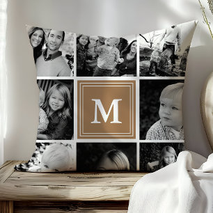 Light Brown Monogram Family Photo Collage Kussen