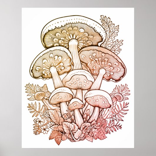 Light Brown Mushrooms on White Background on Wall Poster (Voorkant)