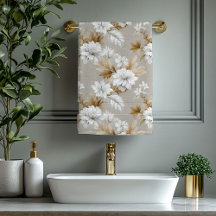 Light Brown Taupe White Floral Bath Towel
