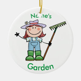 Light Brunette Girl Gardener in Overalls & Boots Keramisch Ornament