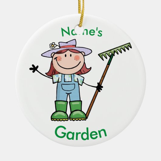 Light Brunette Girl Gardener in Overalls & Boots Keramisch Ornament (Voorkant)