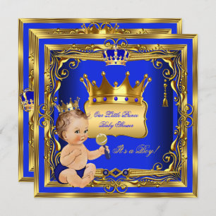 Light Brunette Prince Baby shower Boy Blue Gold Kaart