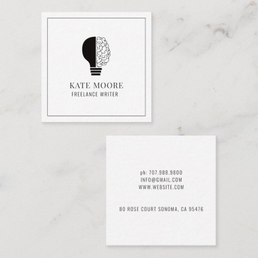 Light Bulb Idee Brain Logo Writer Editor Vierkante Visitekaartje (Voorkant / Achterkant)