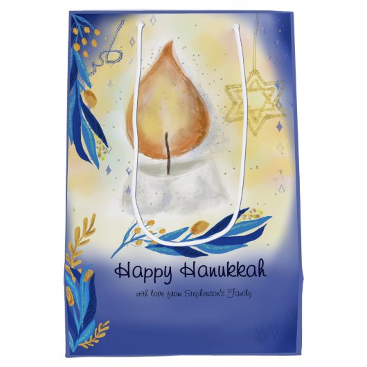 Light Candles Waterverf Happy Hanukkah Medium Cadeauzakje (Achterkant)