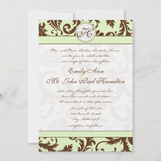 Light Celery Green Brown Damask Wedding Uitnodigin Kaart (Voorkant)