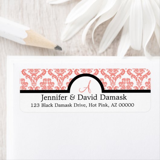Light Coral Damask Wedding Monogram Labels (Insitu)