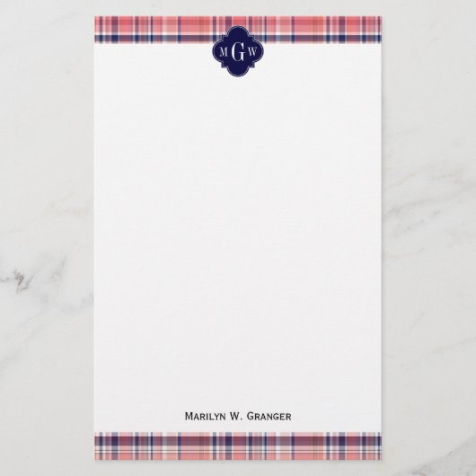 Light Coral Navy Wht Preppy Madras Monogram Briefpapier (Voorkant)