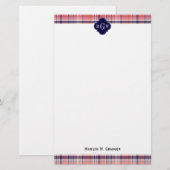 Light Coral Navy Wht Preppy Madras Monogram Briefpapier (Voorkant / Achterkant)