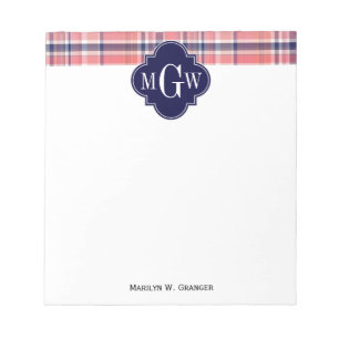 Light Coral Navy Wht Preppy Madras Monogram Notitieblok