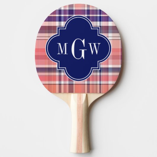 Light Coral Navy Wht Preppy Madras Monogram Tafeltennisbatje (Voorkant)