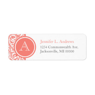 Light Coral Wedding Damask letter Return Address Etiket