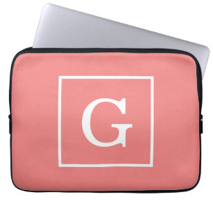 Light Coral White Framed Initiaal Monogram Laptop Sleeve