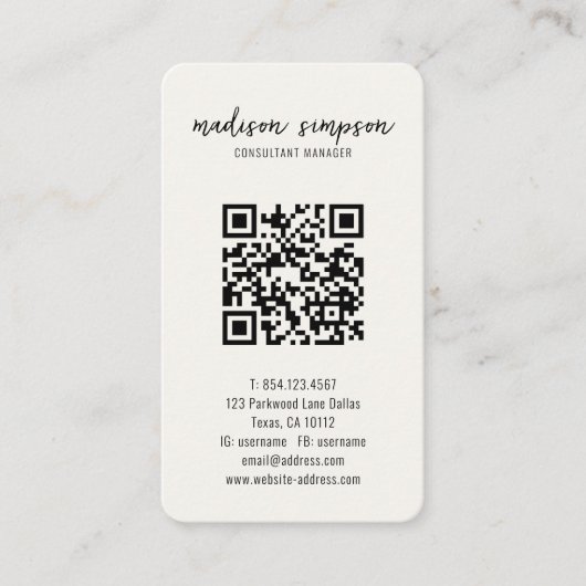 Light Cream Minimalist Modern Initiaal QR Code Visitekaartje (Voorkant)