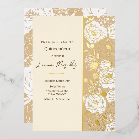Light Cream Quinceañera Folie Uitnodiging (Voorkant / Achterkant)