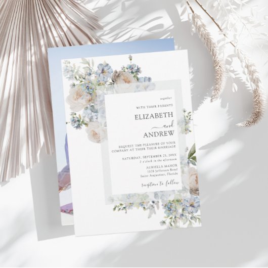 Light Dusty Blue & Blush Pink Floral Foto Kaart