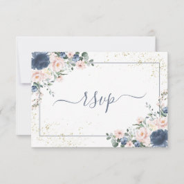 Light Dusty Blue Blush Pink Gold Floral RSVP Kaartje