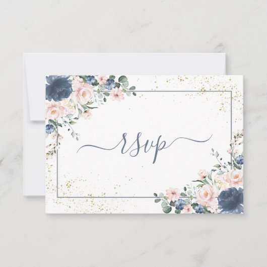 Light Dusty Blue Blush Pink Gold Floral RSVP Kaartje (Voorkant)