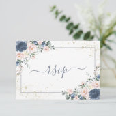 Light Dusty Blue Blush Pink Gold Floral RSVP Kaartje (Staand voorkant)