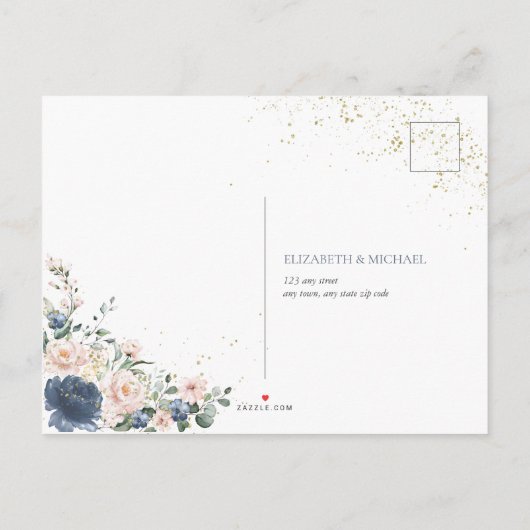 Light Dusty Blue Blush Pink Gold Floral RSVP Uitnodiging Briefkaart (Achterkant)