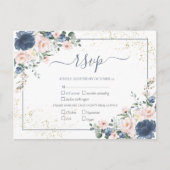 Light Dusty Blue Blush Pink Gold Floral RSVP Uitnodiging Briefkaart (Voorkant)