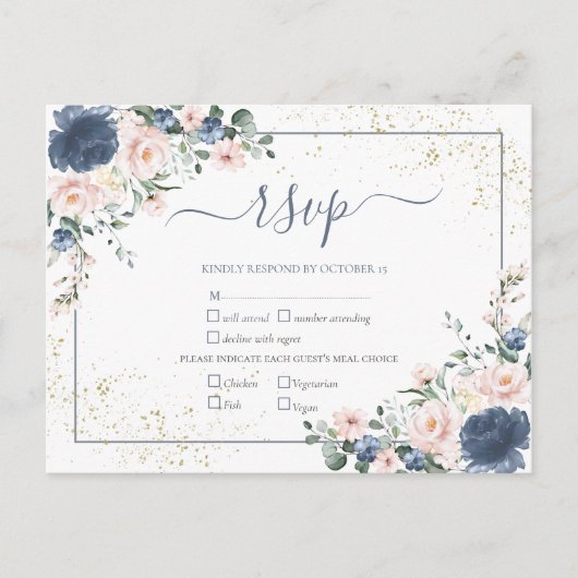 Light Dusty Blue Blush Pink Gold Floral RSVP Uitnodiging Briefkaart (Voorkant)