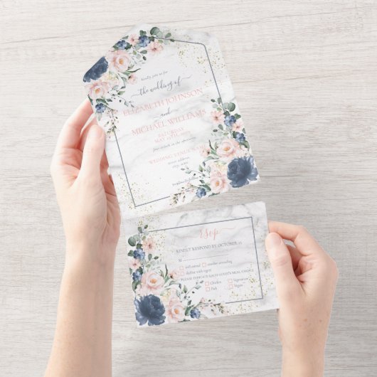 Light Dusty Blue Blush Pink Gold Floral Weddenscha All In One Uitnodiging (Afscheurbaar)