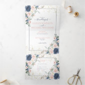 Light Dusty Blue Blush Pink Gold Floral Weddenscha Drieluik Uitnodiging (Binnen)
