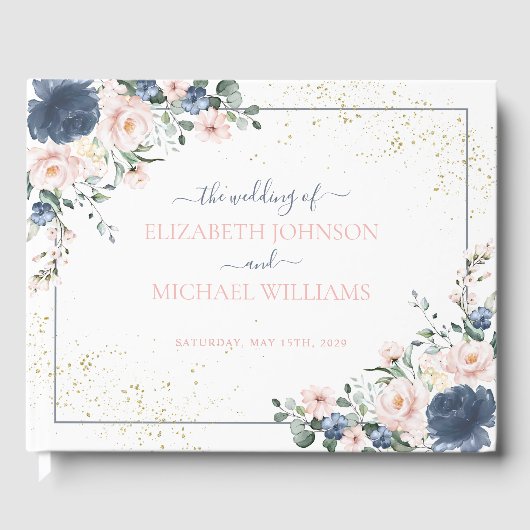 Light Dusty Blue Blush Pink Gold Floral Weddenscha Gastenboek (Voorkant)