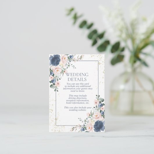 Light Dusty Blue Blush Pink Gold Floral Weddenscha Informatiekaartje (Staand voorkant)