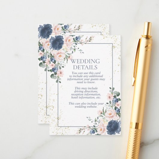 Light Dusty Blue Blush Pink Gold Floral Weddenscha Informatiekaartje (Voorkant / Achterkant in situ)