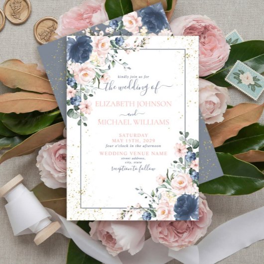 Light Dusty Blue Blush Pink Gold Floral Weddenscha Kaart