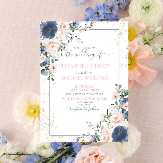 Light Dusty Blue Blush Pink Gold Floral Weddenscha Kaart