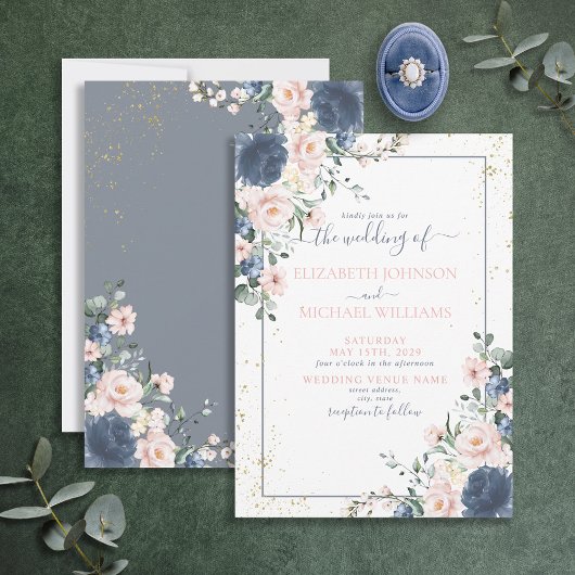 Light Dusty Blue Blush Pink Gold Floral Weddenscha Kaart