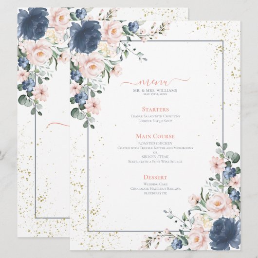 Light Dusty Blue Blush Pink Gold Floral Weddenscha Menu (Voorkant / Achterkant)