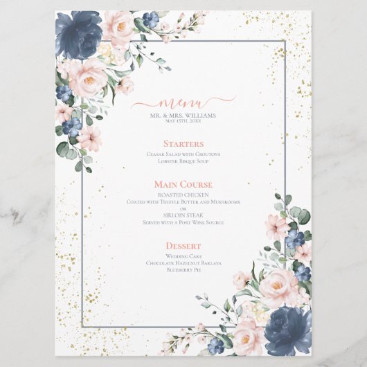 Light Dusty Blue Blush Pink Gold Floral Weddenscha Menu (Voorkant)