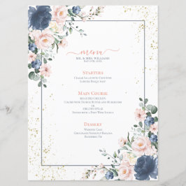 Light Dusty Blue Blush Pink Gold Floral Weddenscha Menu