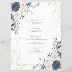 Light Dusty Blue Blush Pink Gold Floral Weddenscha Menu