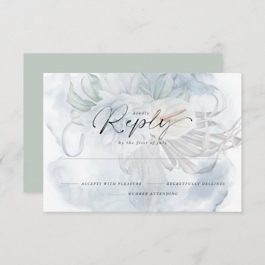 Light Dusty Blue BOHO Floral Reply RSVP Kaartje (Voorkant / Achterkant)