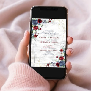 Light Dusty Blue Burgundy Floral Briefkaart Weddin